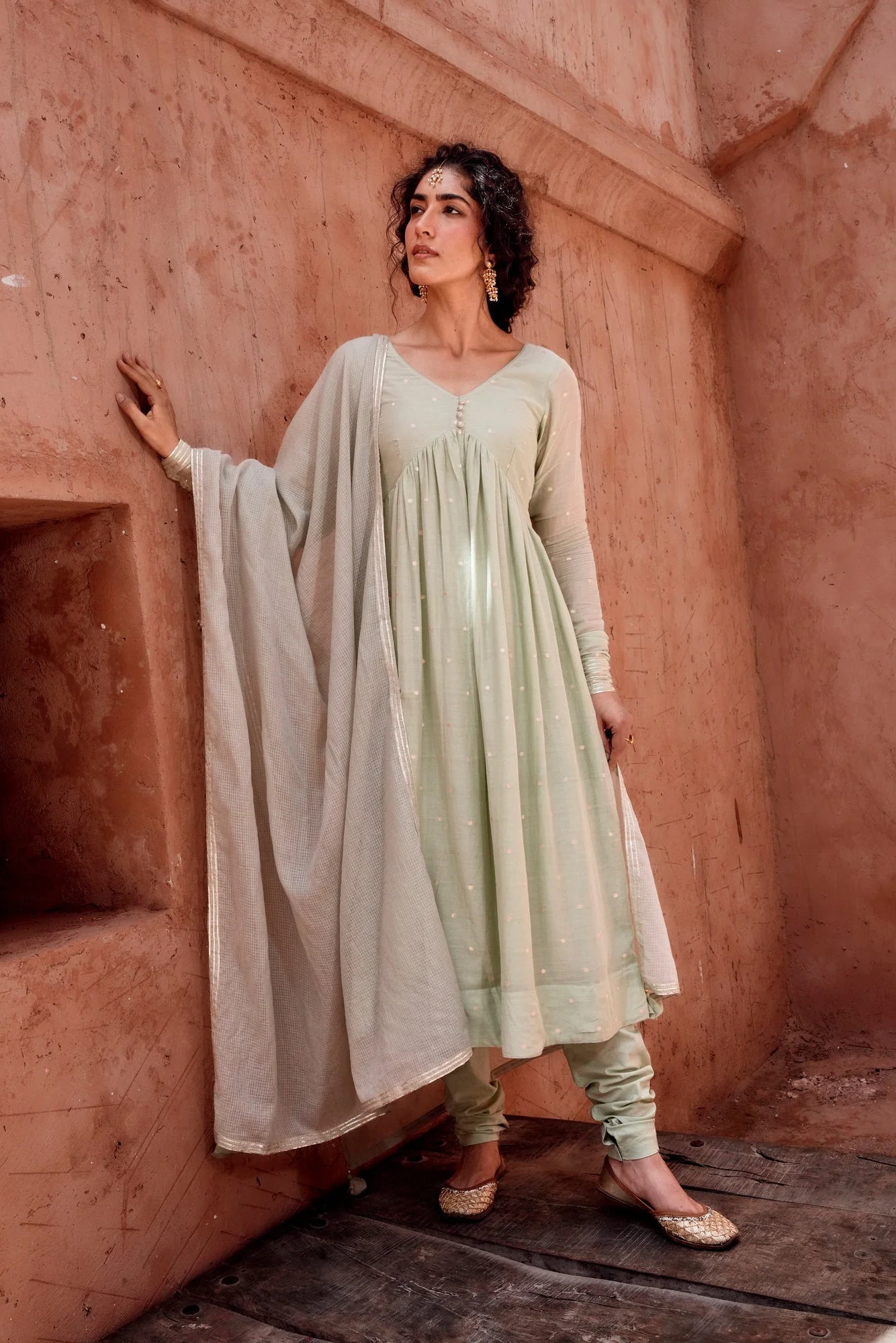 Pista Green Zari Dotted Mul-Cotton Anarkali Set - Image 4